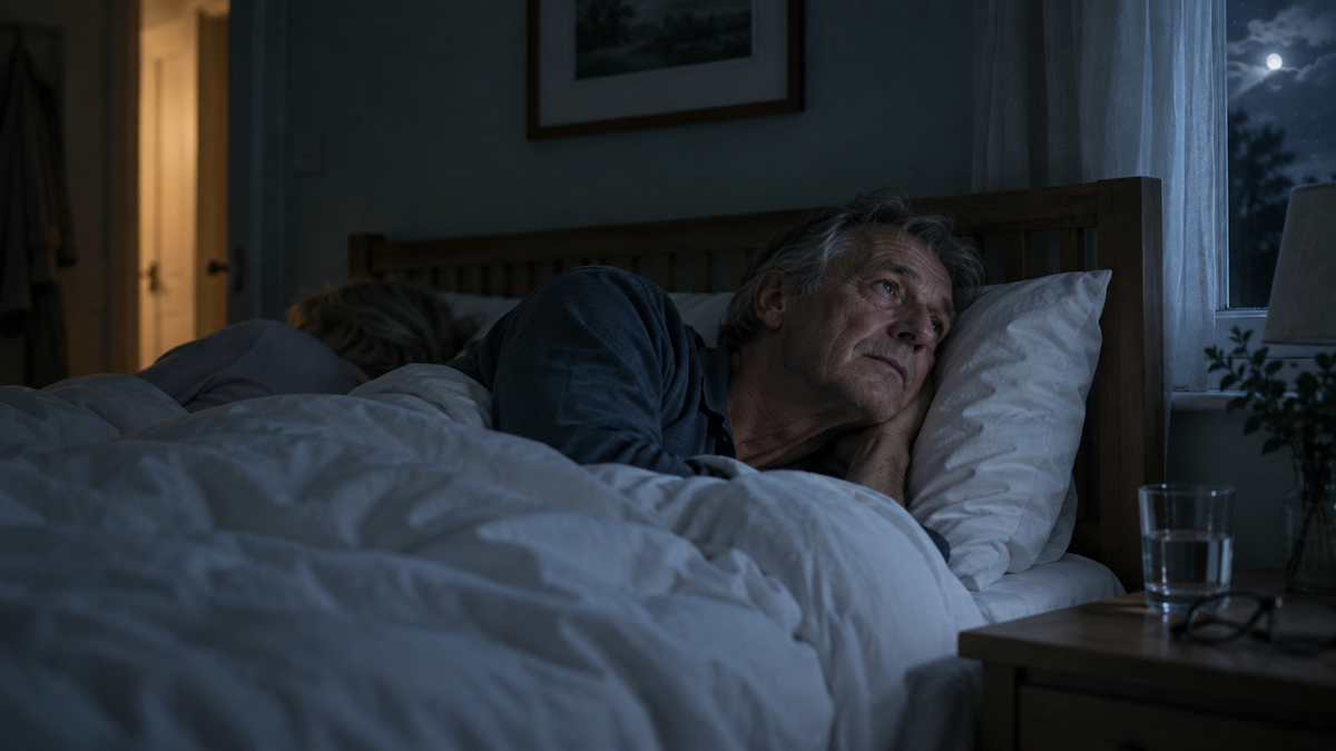 Man in his sixties lying awake in bed in the middle of the night while his partner sleeps