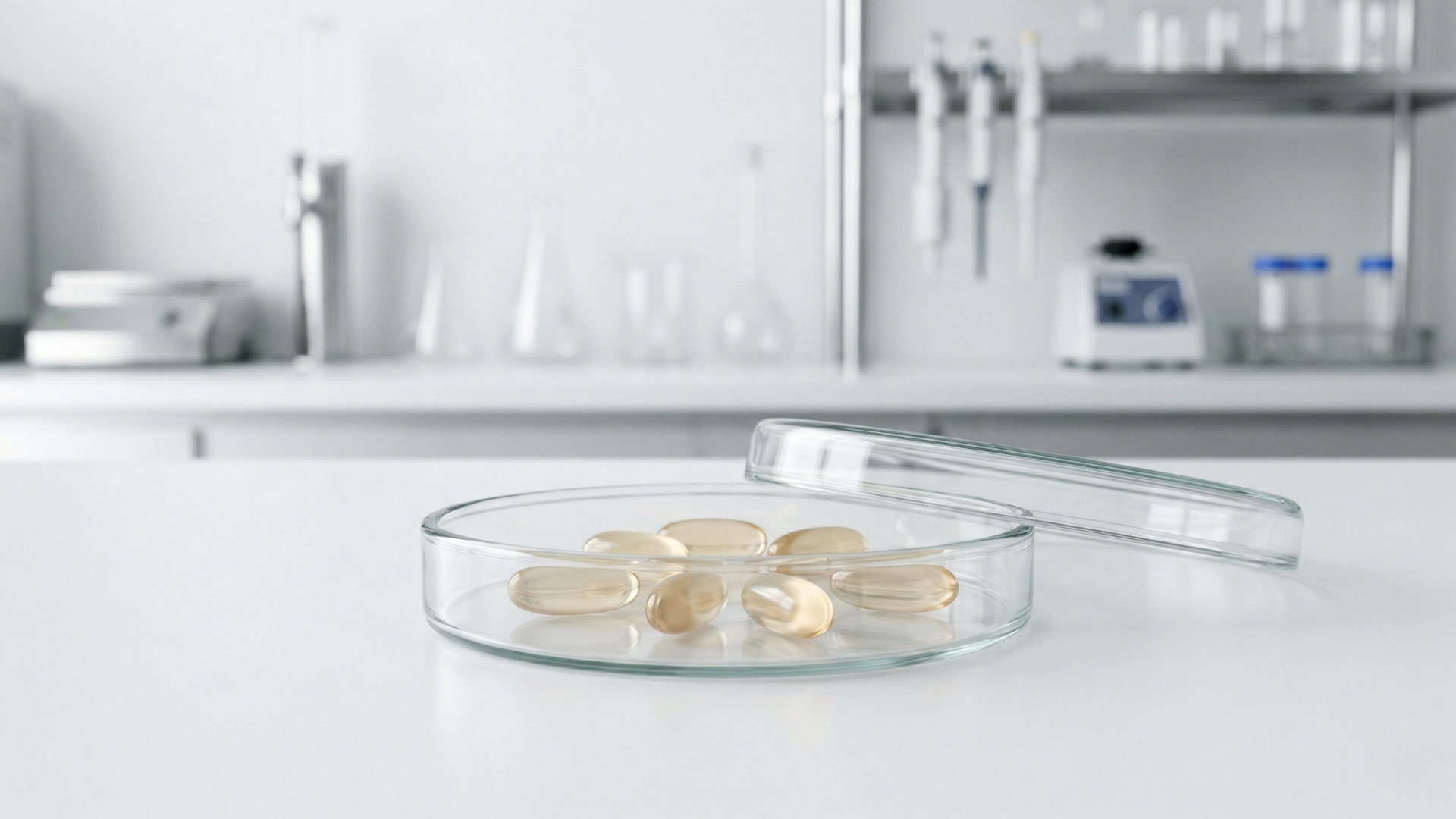 Aged garlic extract capsules shown in a clinical laboratory setting representing researched dosage use