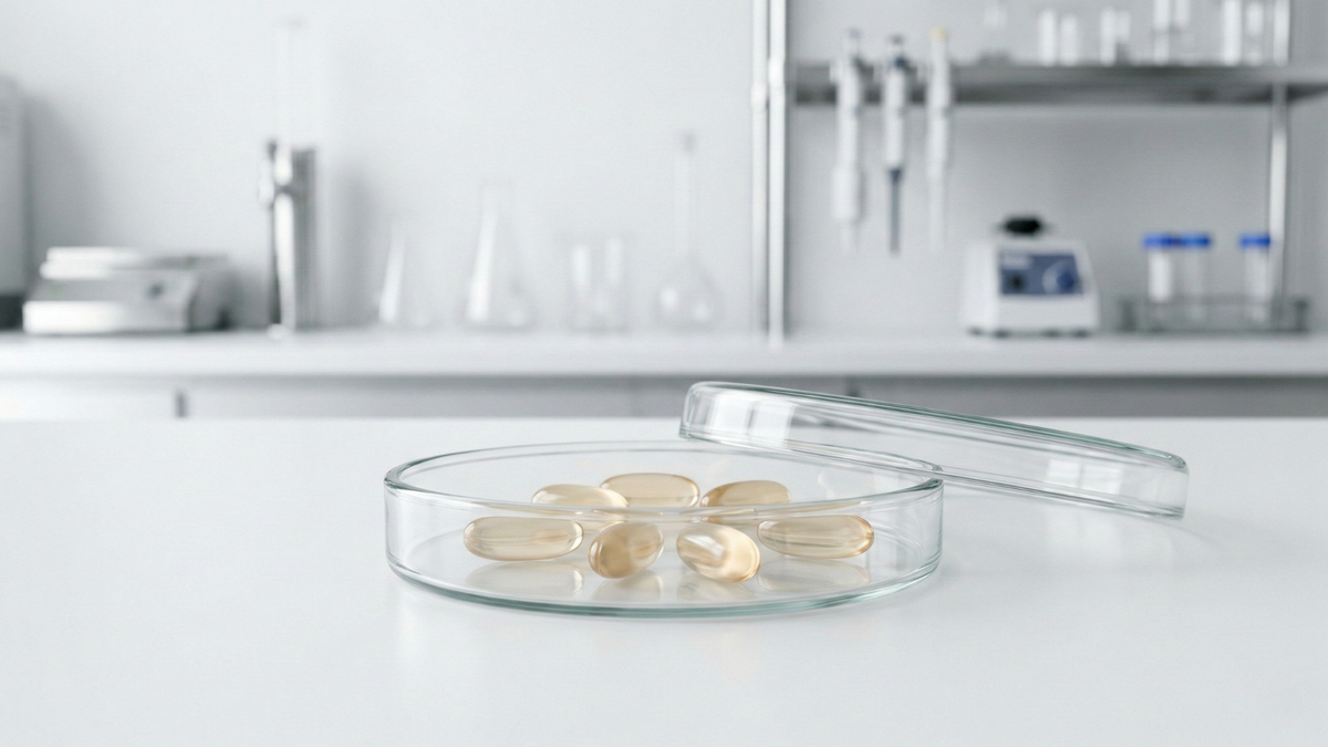 Aged garlic extract capsules shown in a clinical laboratory setting representing researched dosage use