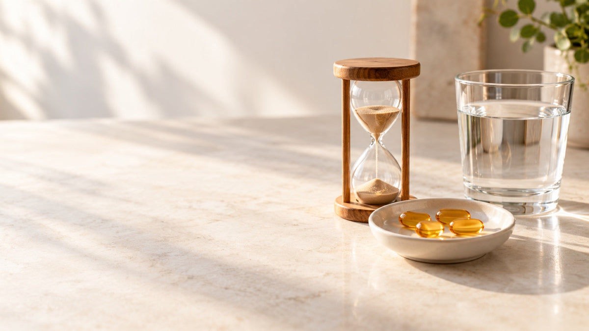 Hourglass beside aged garlic extract softgels and a glass of water, showing how long aged garlic takes to work