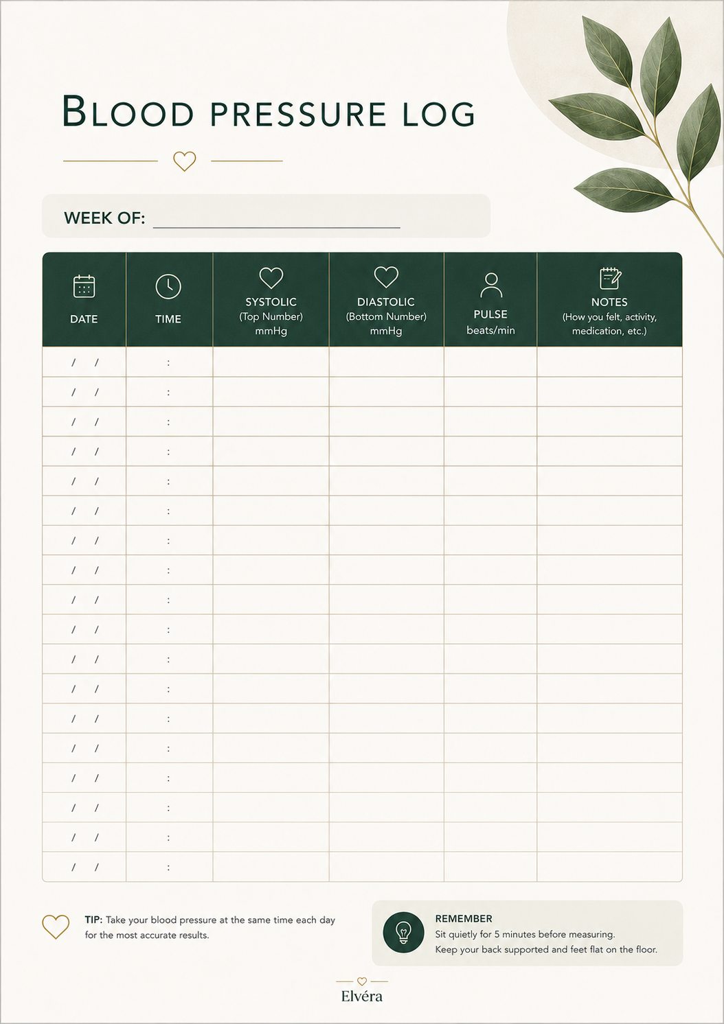 Elvéra Blood Pressure Log Book