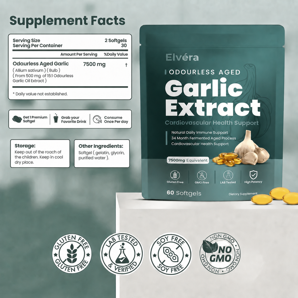 Elvéra | Odourless Aged Garlic Extract - 7500mg Softgels