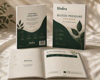 Elvéra Blood Pressure Log Book shown in multiple views: standing upright with the back cover, standing upright with the front cover, and open on a cream fabric surface. The book design features dark green and white sections with leaf illustrations and printed text.