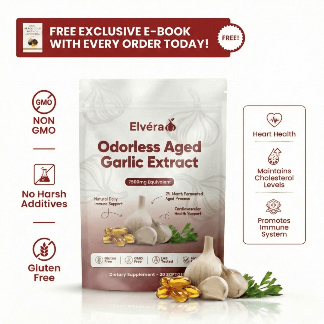 Elvera Odorless Aged Garlic Extract package with product details and promotional text on a white background.