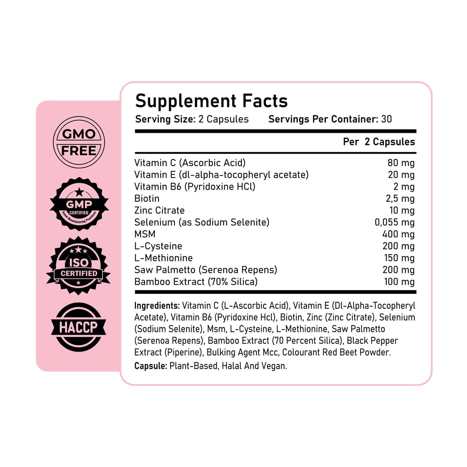 Supplement label with detailed ingredient list and certification logos on a white background