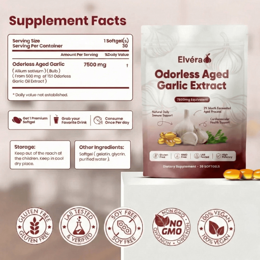 Elvera Odorless Aged Garlic Extract supplement packaging with label and capsules.