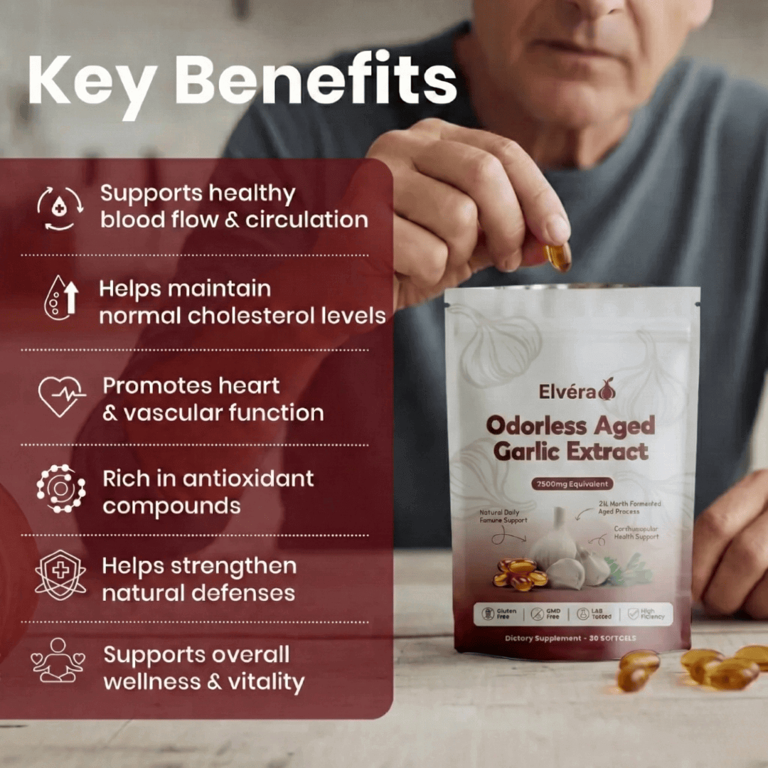 Elare Oderless Aged Garlic Extract supplement with key benefits listed on a red background.