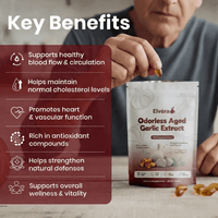 Elare Oderless Aged Garlic Extract supplement with key benefits listed on a red background.